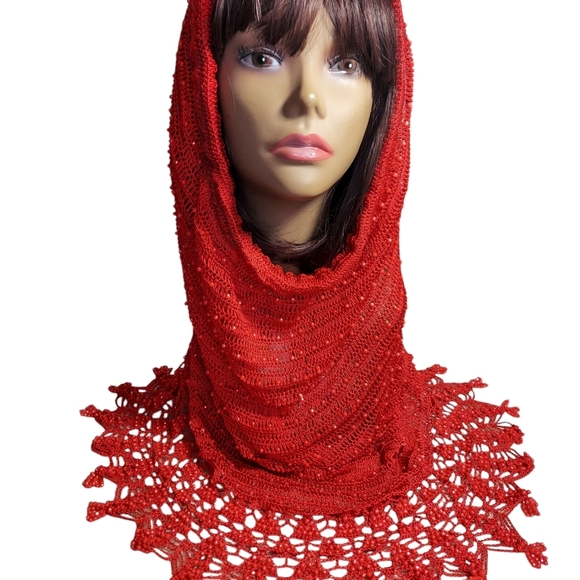 Convertible Fashion Cowl Hoodie Crochete Ruby Red Beaded - Picture 3 of 12